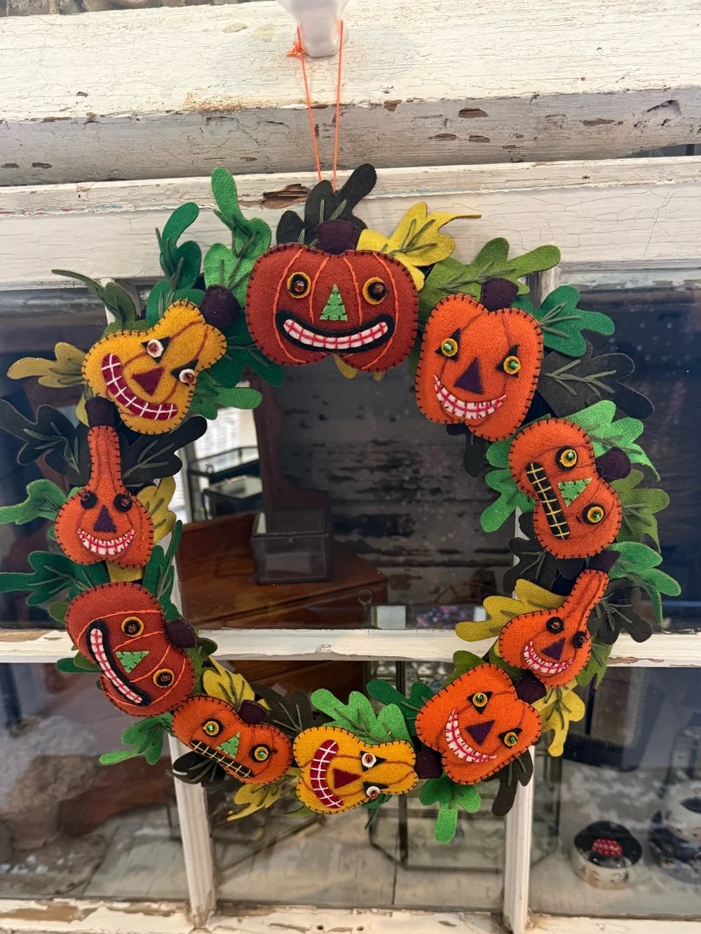 Pumpkin Felt Fall Halloween Wreath - Orange & Green